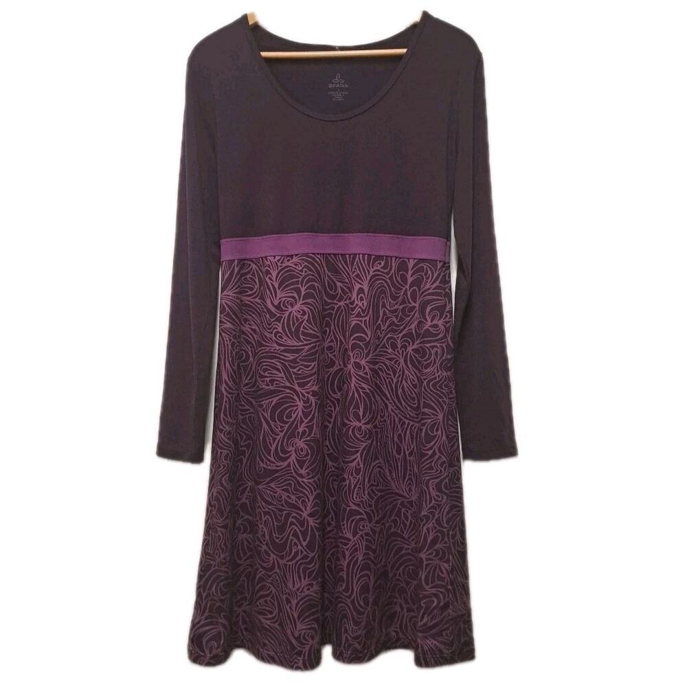 Prana Kaley Long Sleeve Dress Womens L Purple Abstract Printed Knit Athleisure